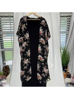 Black maxi dress with sheer floral kimono vibe sportswear 1x